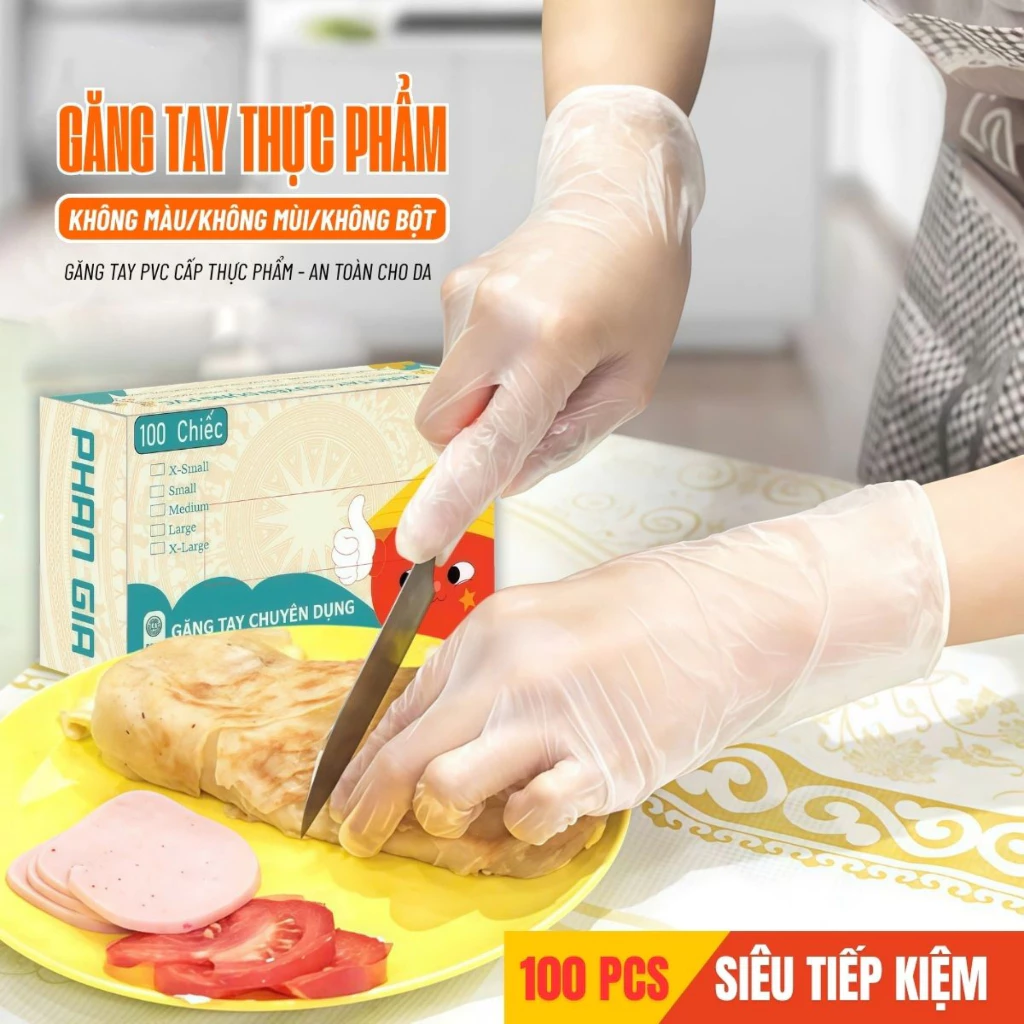 Găng Tay PVC Thực Phẩm Không Màu PHANGIA 1 Hộp (100 cái) | Không Bột, Không Mùi, Cao Su Non