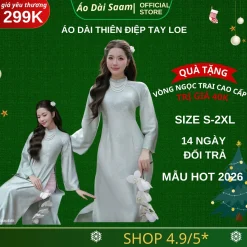 Áo dài cách tân Tết Thiên Điệp dáng dài tay loe màu xanh ngọc sang trọng tặng kèm vòng sang chảnh