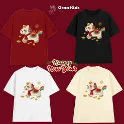 (9kg-110kg) Áo thun gia đình Tết 2026 chú ngựa GIẢ THÊU IN cotton 4 chiều mềm, mịn, mát_Oraa kids