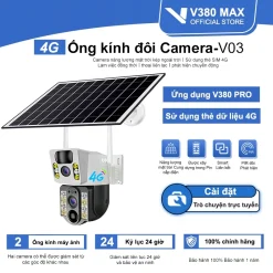 Solar giám sát Camera 2 mắt 4G WiFi 360 độ V380 MAX 1080P HD IP Không thấm nước ngoài trời