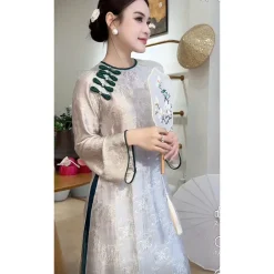 Áo dài tết 2026 - Áo Dài Dáng Suông Lụa Tằm Cổ Tròn Đính Charm Cao Cấp Helia AD009