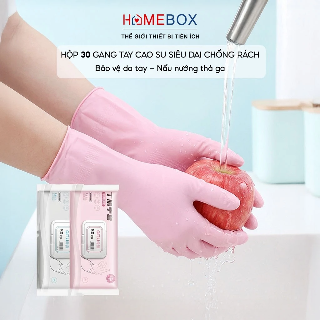 Hộp 30 Găng Tay Cao Su Làm Bếp Siêu Dai Bao Tay Rửa Chén Dùng Nhiều Lần Bảo Vệ Đôi Tay