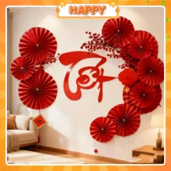 Set Trang Trí Tết Bính Ngọ 2026 Treo Tường Gồm Quạt Giấy, Chữ Tết, Cành Đào Đông May Mắn | HAPPY DECOR