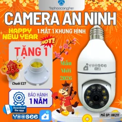Mẫu Mới 2026 - Camera Yoosee Chui Bóng Đèn HK211 - 1 Mắt 10.0Mpx FullHD , thoại 2 chiều, xoay 360 độ, Máy Ảnh