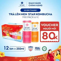 Thùng 12 lon trà lên men Star Kombucha mix vị Tết (250ml/lon) - Trà lên men vi sinh hỗ trợ tiêu hóa, bảo vệ sức khỏe