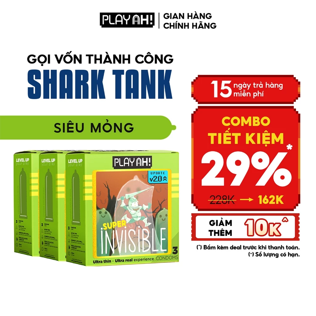 Combo 2 hộp/3 hộp Bao Cao Su PlayAh Super Invisible Siêu Mỏng Hộp 3 bao size 52mm, nhiều gel