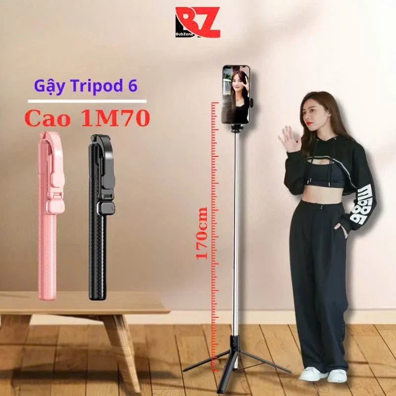 Giá đỡ điện thoại - selfie - livestreams Tripod 6 Bubzone Có 3 chân - quay phim Videos chụp ảnh kéo dài <160cm