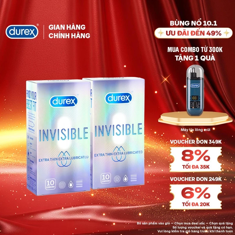 Bộ 2 hộp Durex Invisible Lubricated siêu mỏng, bôi trơn (size 52mm, 10 bao/hộp)