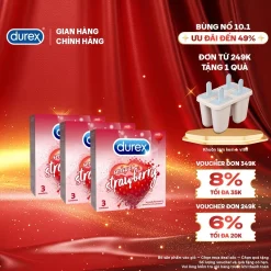 Bộ 3 hộp Durex Sensual Strawberry hương dâu (size 53mm, 3 bao/hộp)