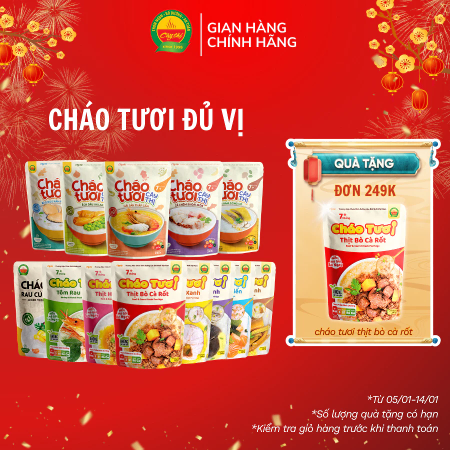 15 Vị Cháo Tươi Cây Thị - Bào Ngư, Gà Ác, Cá hồi, Cá Lóc, Tôm, Ếch, Lươn, Bò, Heo, Hải Sản, Cá Chẽm, Gà Nấm, Rau Củ