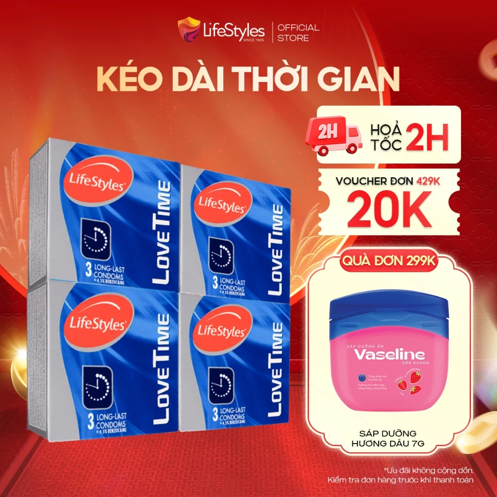 Combo 4 hộp Bao cao su kéo dài thời gian quan hệ LifeStyles Love Time - Hộp 3 bao