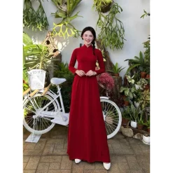 Áo dài Lan’s nữ màu đỏ đô cổ truyền thống ba cm kèm quần