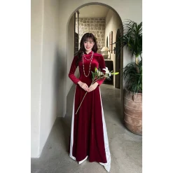 Áo dài Lan’s nữ nhung tuyết màu đỏ cổ cao kèm quần