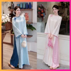 SÒ ĐIỆP - áo dài cách tân chất gấm vân sò cổ tròn tay loe phom suông 2 tà