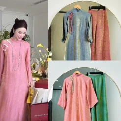 Áo dài cách tân Hạ Miên chất liệu tơ tằm ánh kim 4 tà phom suông nhấn 3 nơ mặc Tết