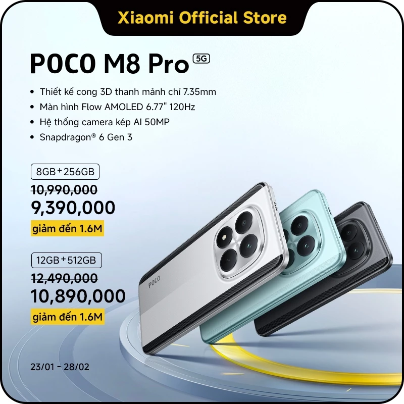 Điện thoại thông minh POCO M8 PRO 5G (8+256GB|12+512GB)|Pin 6.500mAh (typ) siêu lớn|Màn hình AMOLED CrystalRes 1.5K