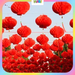 Combo 50-100 Đèn Lồng Nilon Đỏ, Đèn Lồng Đỏ Tổ Ong Treo Trang Trí Tết, Decor Tết Bính Ngọ 2026 KTET